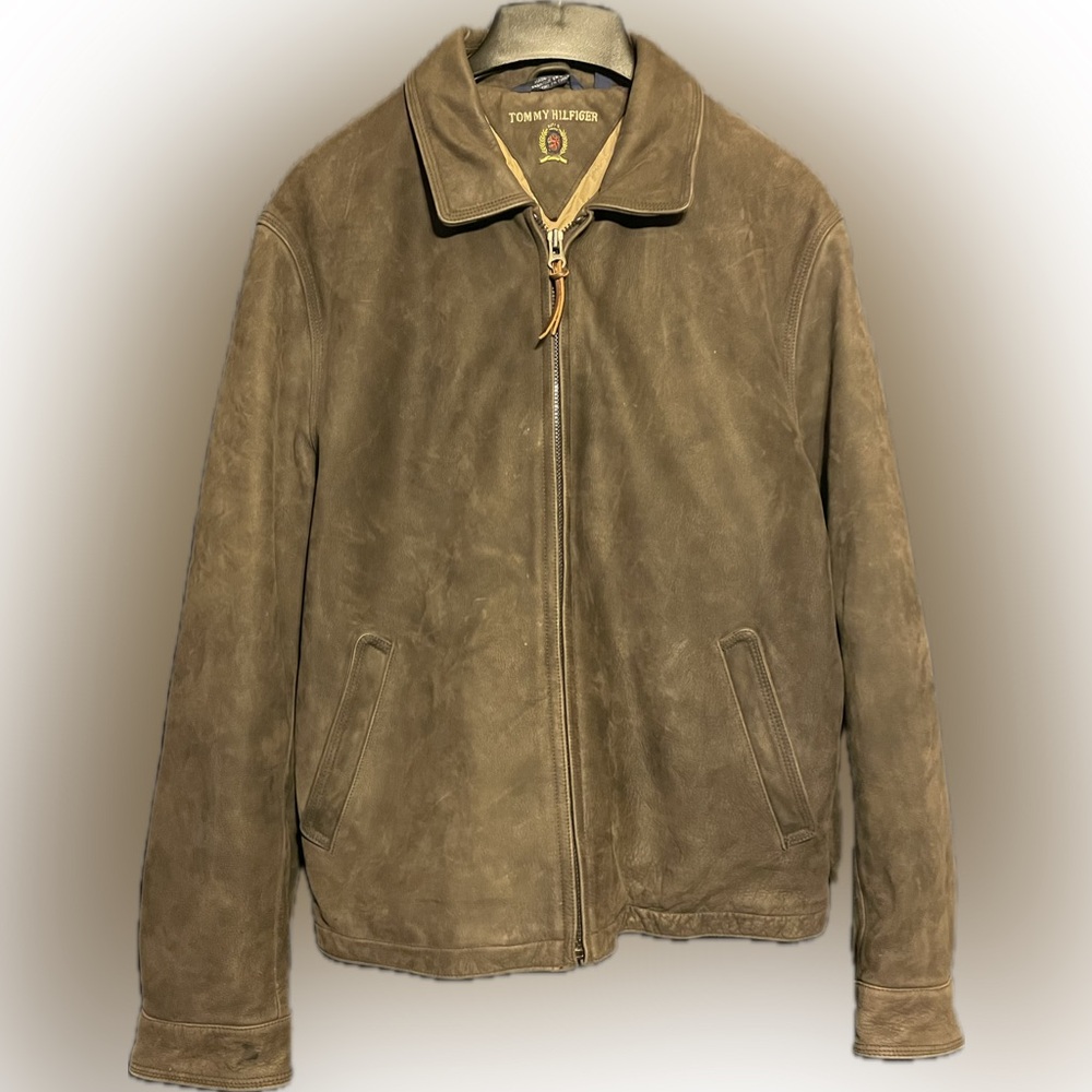 Tommy Hilfiger Brown Leather Bomber Jacket Quilt Lined Size Large